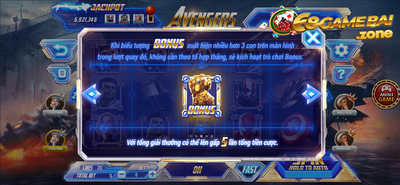 Biểu tượng Bonus có thể nhận gấp 5 lần tiền cược tại Avenger